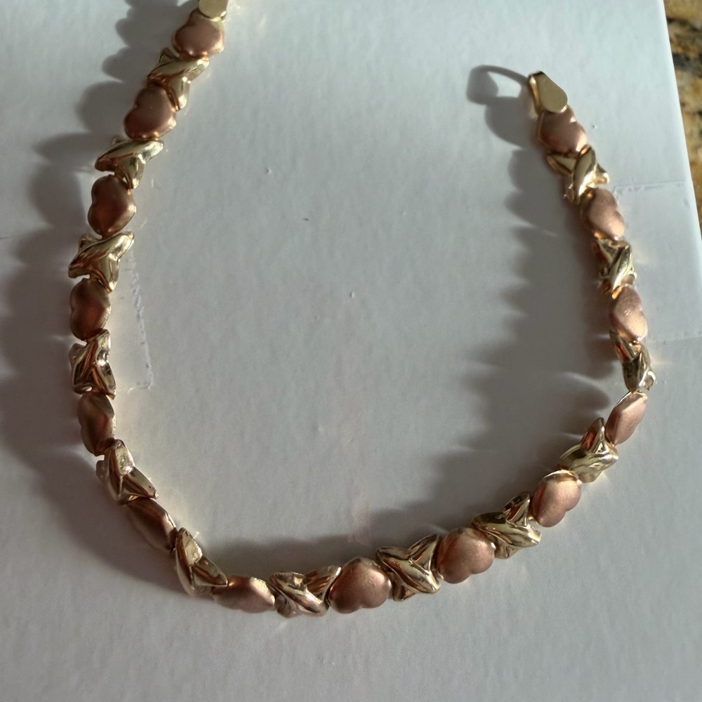 10K Solid Gold X & Heart Link Bracelet Two Tone Rose Gold 7” with Gift Box - Picture 12 of 16